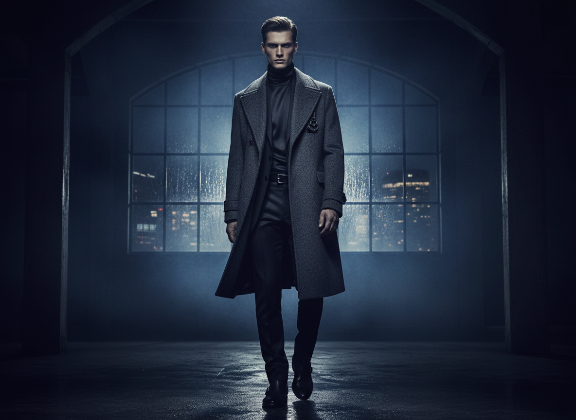 Moody dark fashion editorial photography, male model, dramatic high-contrast lighting, dark atmospheric background, luxury menswear, cinematic mood, editorial style