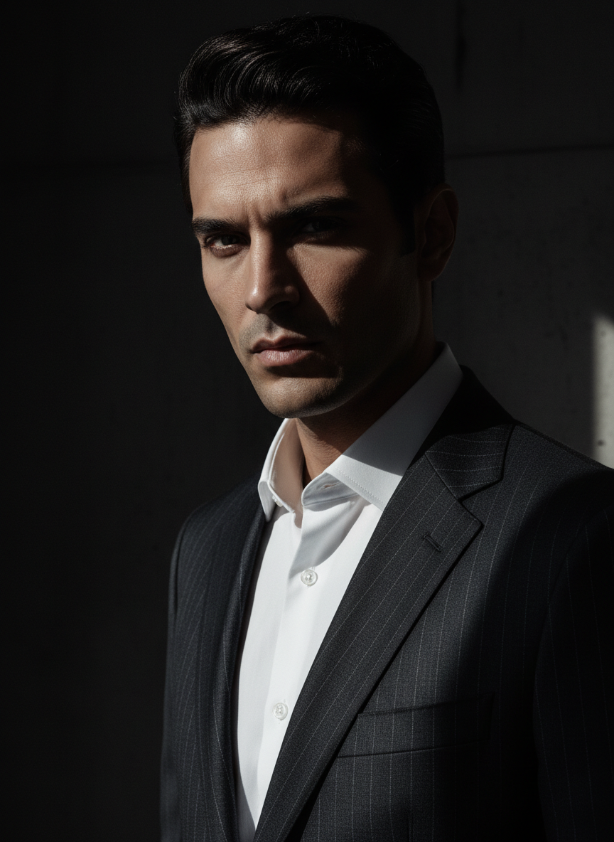 Dark high-contrast editorial fashion photography. Middle Eastern male model wearing a crisp dress shirt and tailored jacket, dramatic single hard light source, deep blacks and shadow, luxury menswear, cinematic mood, near-monochrome. High-end fashion campaign look. Close upper-body shot. 3/4 portrait orientation.