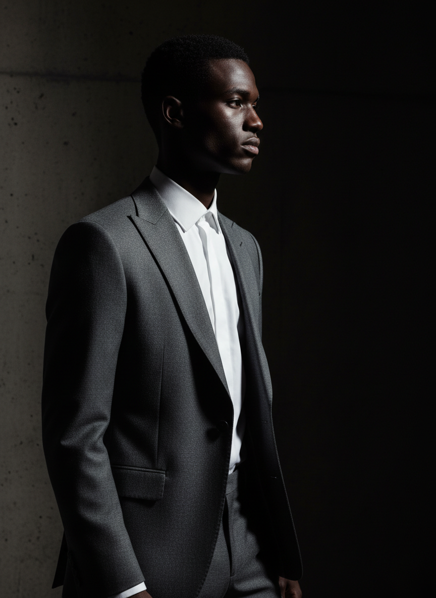 Dark high-contrast editorial fashion photography. African American male model wearing a crisp dress shirt and tailored jacket, body and gaze directed firmly to the RIGHT side of the frame (facing east/right), dramatic single hard light source, deep blacks and shadow, luxury menswear, cinematic mood, near-monochrome. High-end fashion campaign look. 3/4 portrait orientation.