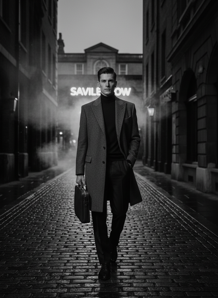 Large editorial menswear image, full look of a man in tailored coat, dark cinematic atmosphere, monochrome luxury fashion editorial