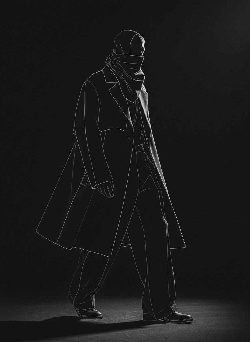 Editorial menswear silhouette in shadow, dramatic contrast, near-black background, cinematic high-fashion monochrome