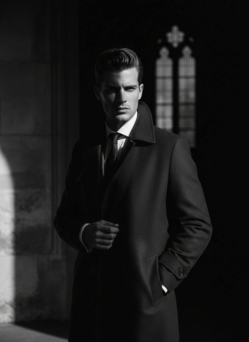 Editorial fashion portrait of a stylish man, dramatic shadow, near-black background, cinematic monochrome, GQ editorial mood