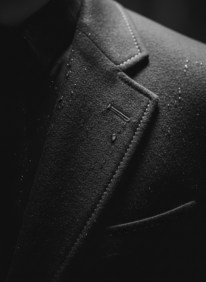 Editorial menswear tailoring detail, close crop of a bespoke jacket lapel and hand-stitching, dark moody near-black background, cinematic monochrome, luxury fashion editorial