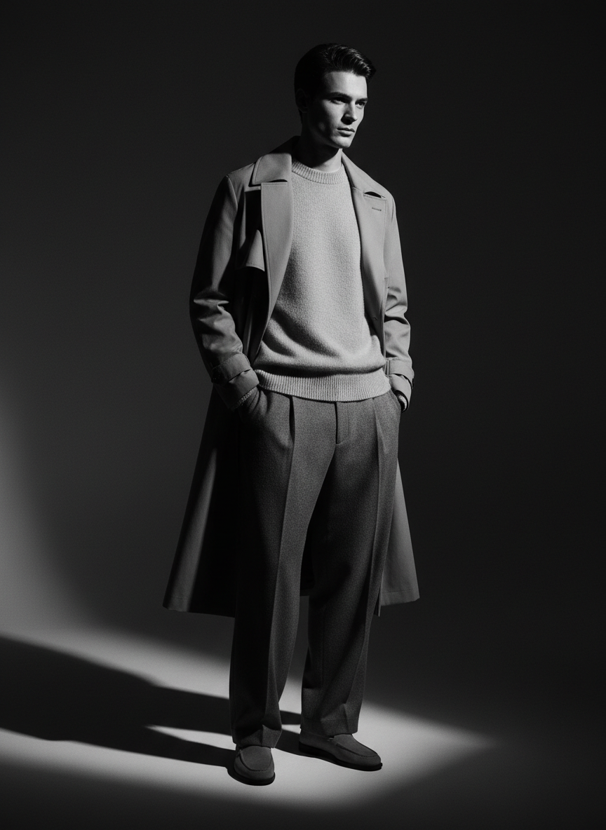 Editorial men's casual luxury look, relaxed refined silhouette, moody dark studio lighting, monochrome high-fashion lookbook style