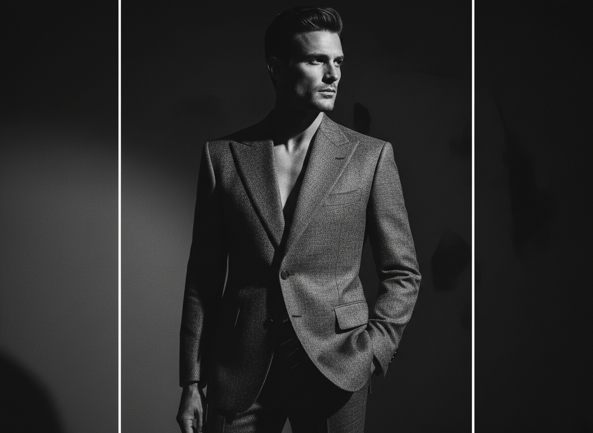 Editorial fashion photograph of a man in a structured Italian wool bespoke suit, dramatic cinematic side lighting, near-black moody background, high fashion GQ magazine editorial style, monochrome, rich texture, structured shoulders, elegant confident pose