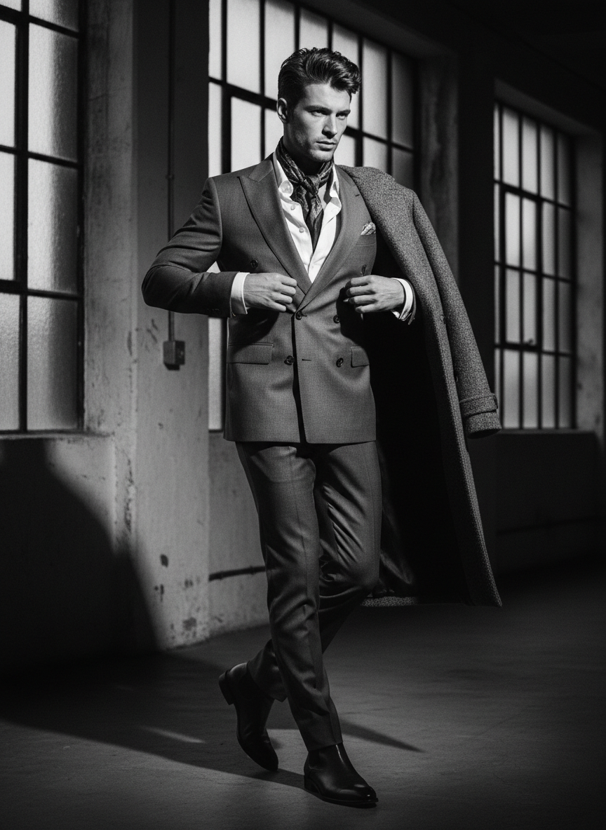 Editorial fashion photograph of a man adjusting his jacket, moody dark lighting, monochrome, refined masculine GQ style