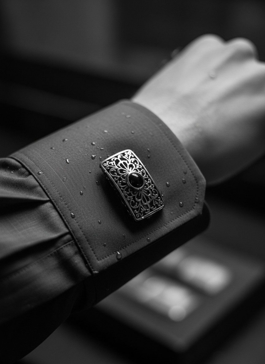Editorial detail of men's formal wear, cufflink and cuff, dark moody monochrome, luxury craftsmanship close-up
