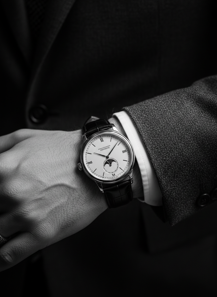 Luxury dress watch on bespoke suited wrist, close-up detail, monochrome