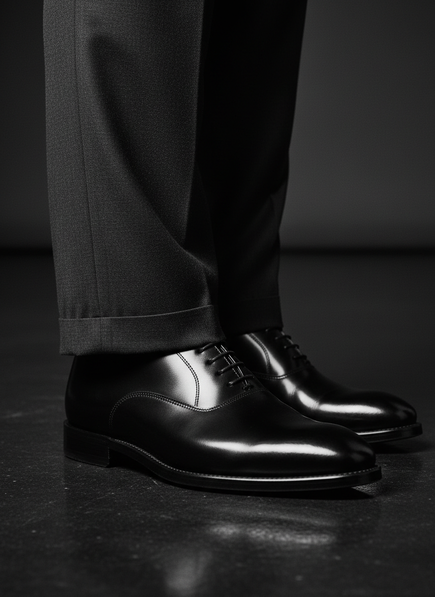 Polished Oxford shoes and tailored trouser break, editorial close-up, monochrome