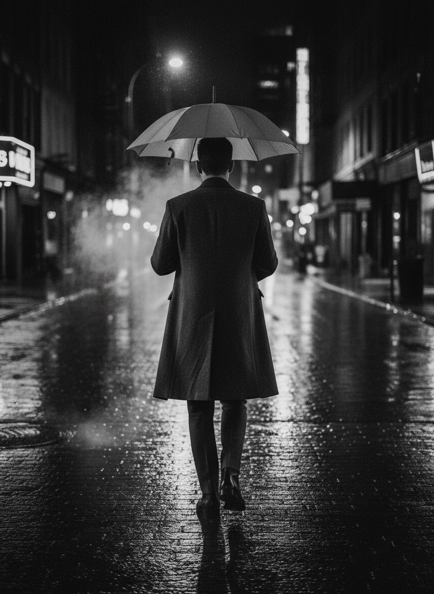 Man in bespoke overcoat on rain-wet urban street, cinematic monochrome
