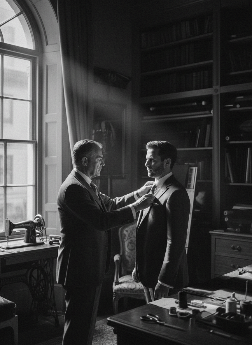 Master tailor measuring client's shoulder in bespoke atelier, dramatic window light, monochrome