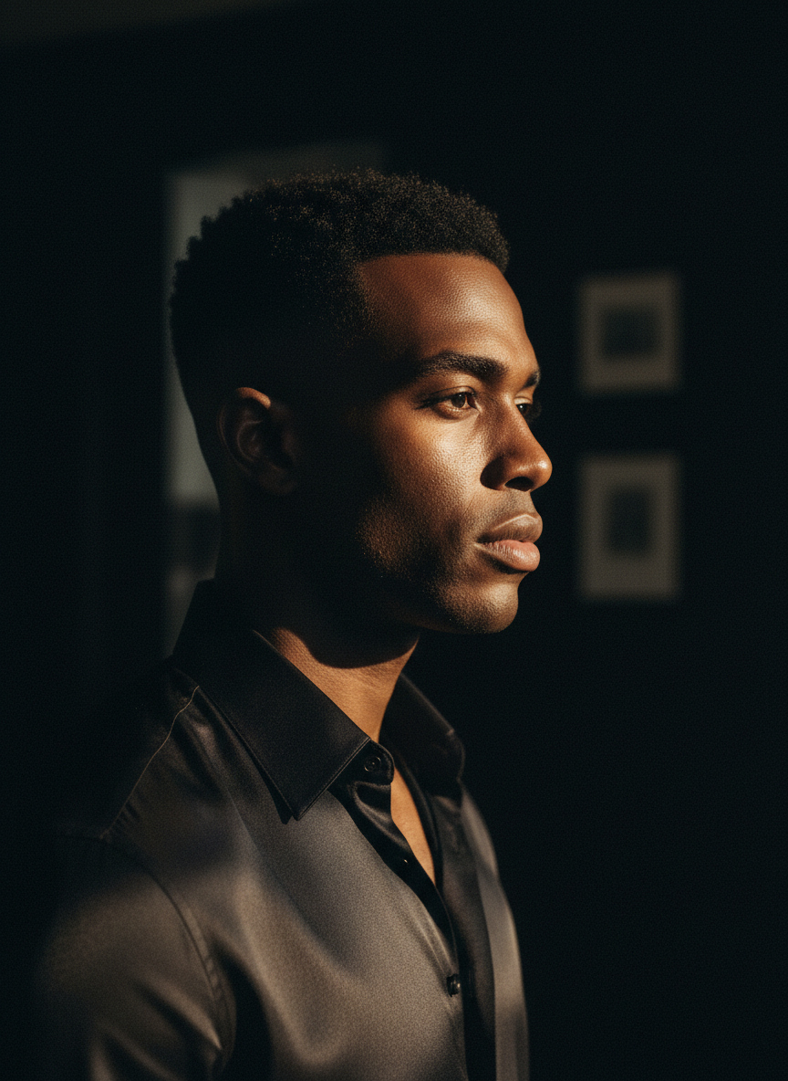 Man with precise fade haircut, grooming editorial, cinematic monochrome