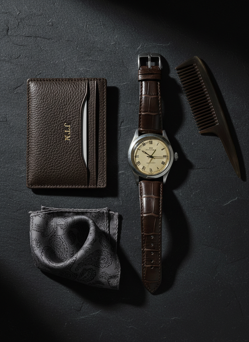 Watch and pocket square accessories editorial, dark monochrome luxury fashion