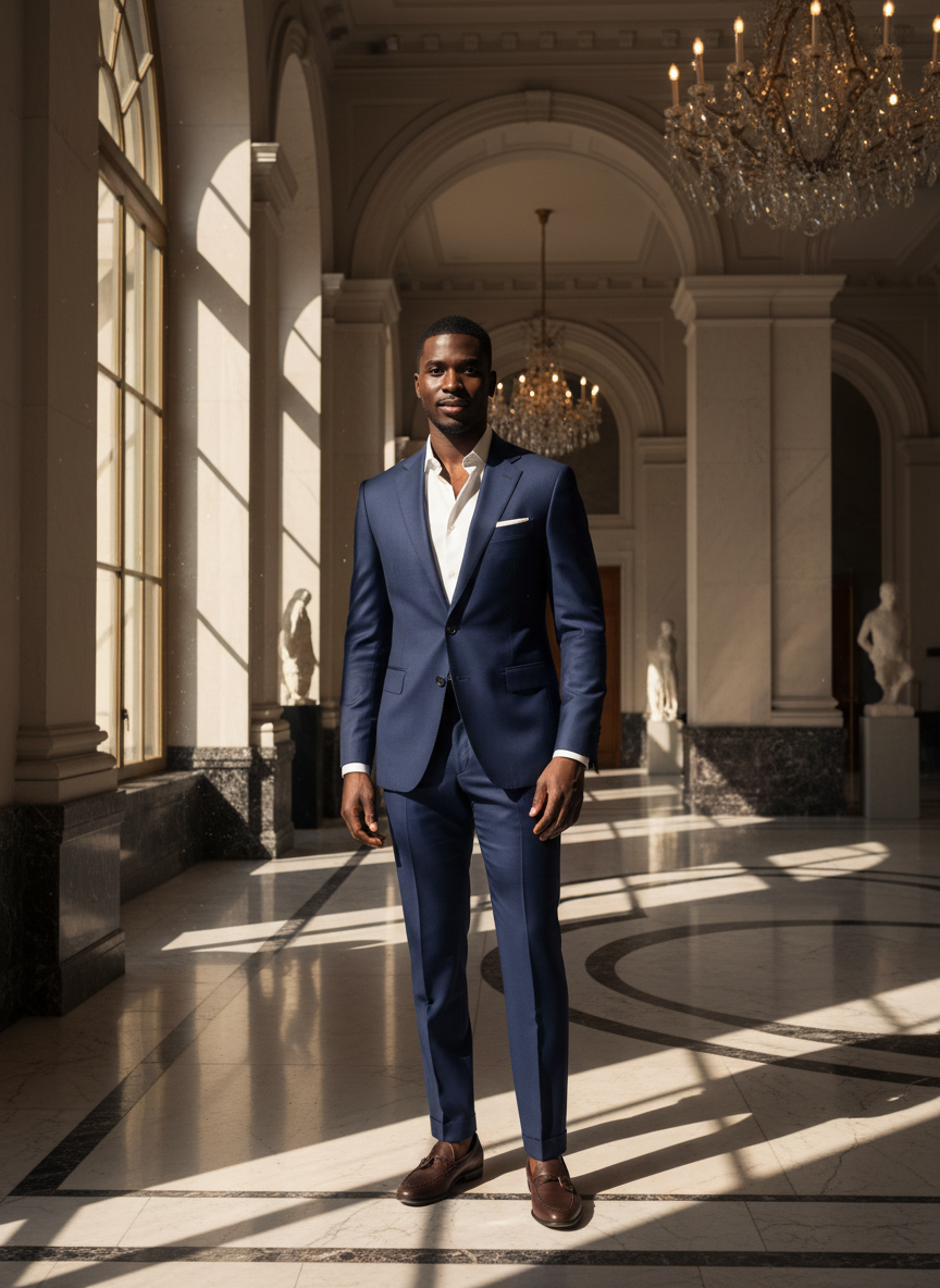 Man in navy single-button suit, editorial menswear, dark cinematic monochrome
