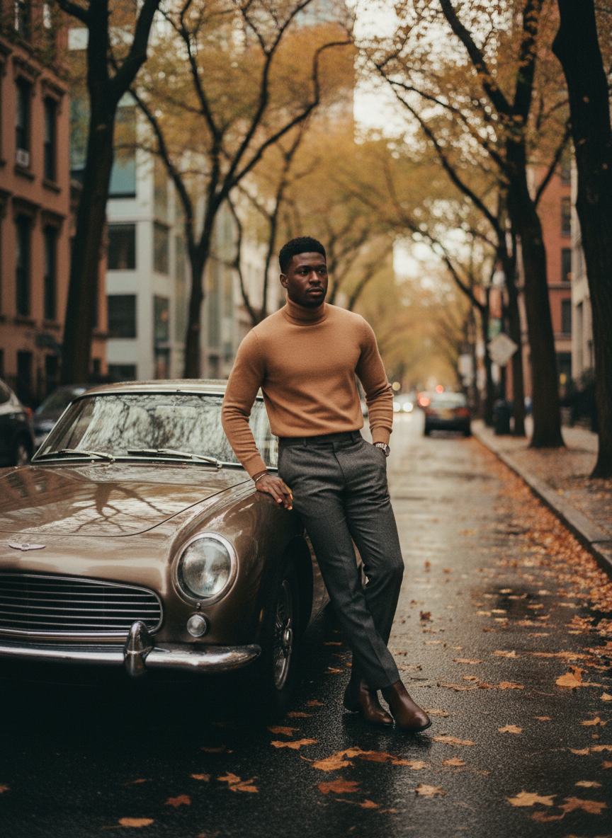 Man in camel coat on city street, editorial lifestyle menswear, cinematic monochrome