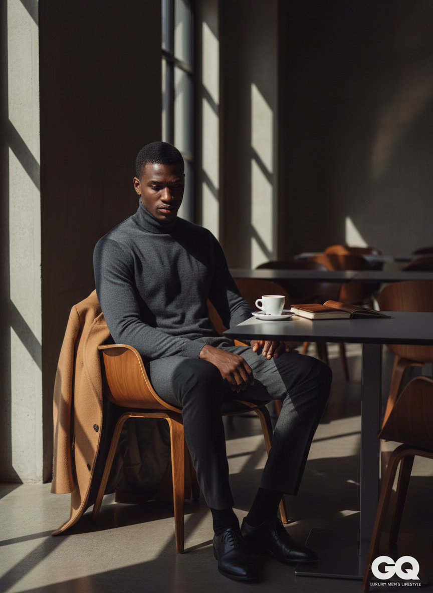 Man in overcoat at café, editorial lifestyle menswear, cinematic monochrome