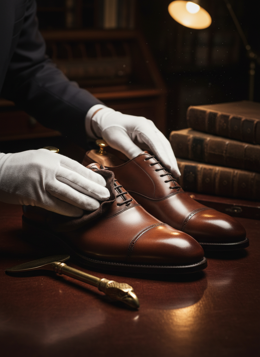 Hand-polished Oxford shoe close-up, bespoke shoe craftsmanship editorial, monochrome