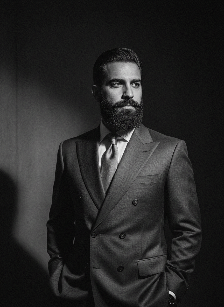 Distinguished Middle Eastern man with full beard in bespoke charcoal suit, dramatic side lighting, cinematic monochrome