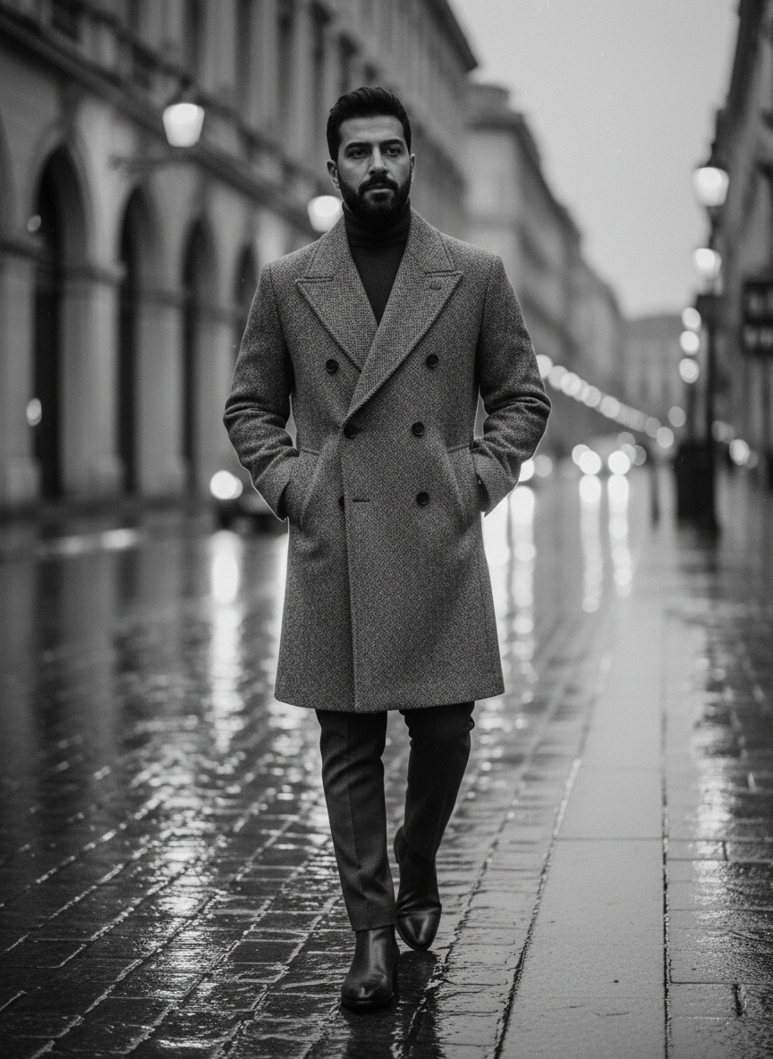 Stylish Middle Eastern man with trimmed beard in double-breasted overcoat on rain-wet cobblestone street, cinematic monochrome