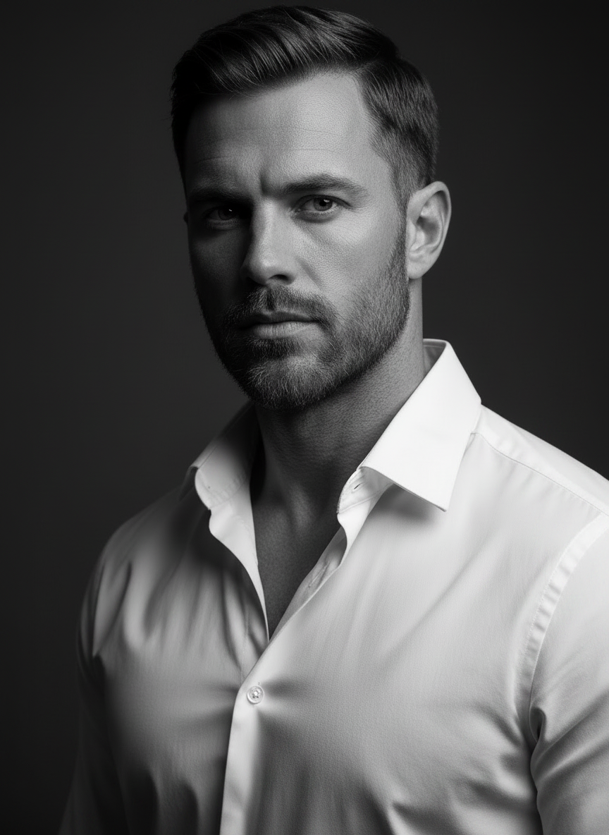 Photorealistic black and white studio portrait of a handsome man with light stubble beard, strong jaw, short dark hair, confident composed expression. Wearing a crisp white dress shirt with every single button fastened all the way up including the collar — shirt is completely closed at the neck, no skin visible at the collar. Dramatic Rembrandt studio lighting with deep shadows. GQ editorial portrait style. Real skin texture, photographic quality, no AI artifacts, no uncanny valley.