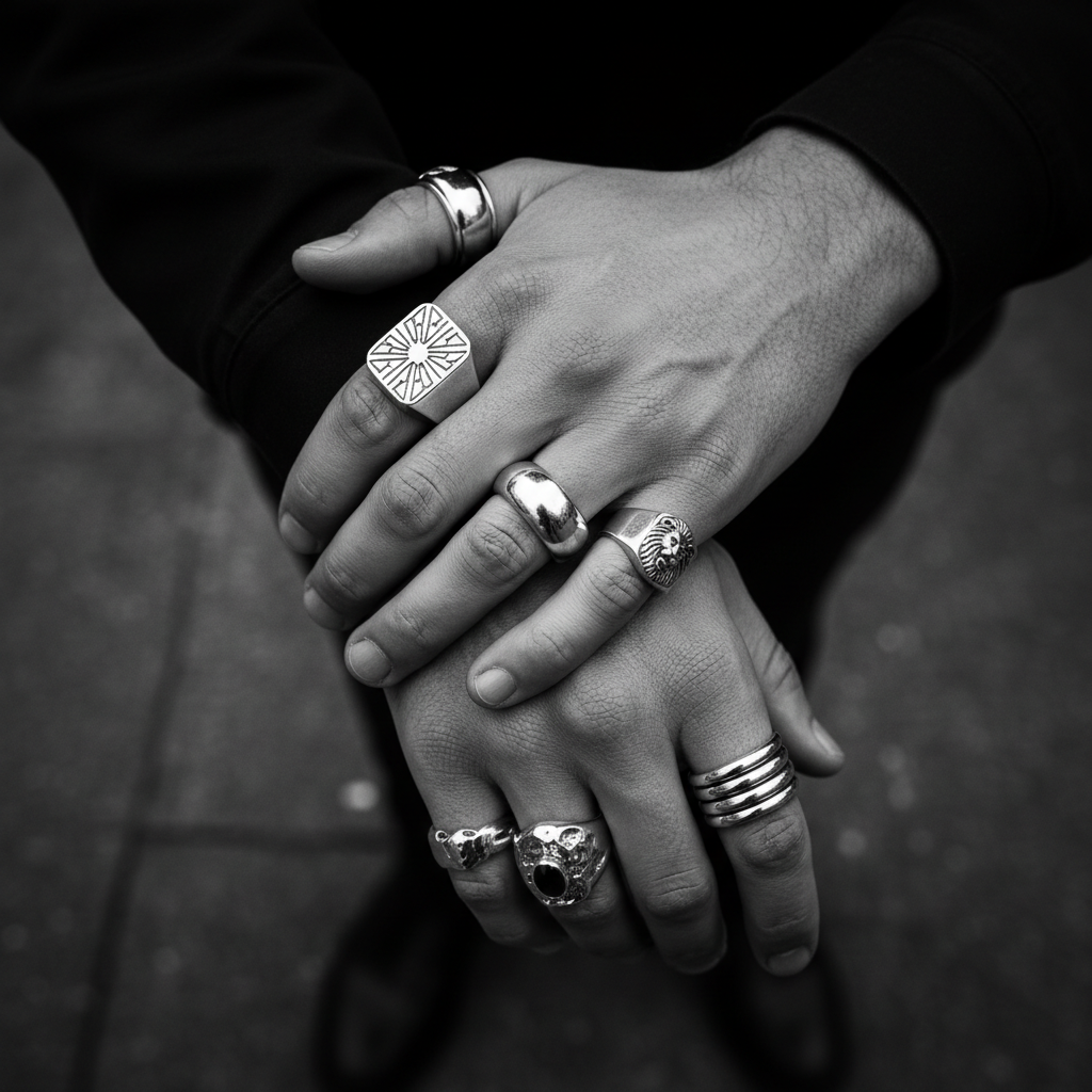 Close-up photograph of a man's hands wearing multiple silver rings. Chunky, stylish, varied rings — signet rings, band rings, statement pieces. Masculine, well-groomed hands. Shot from above showing both hands. Dark, moody editorial lighting. Black and white photography. High-end jewelry fashion photography style.