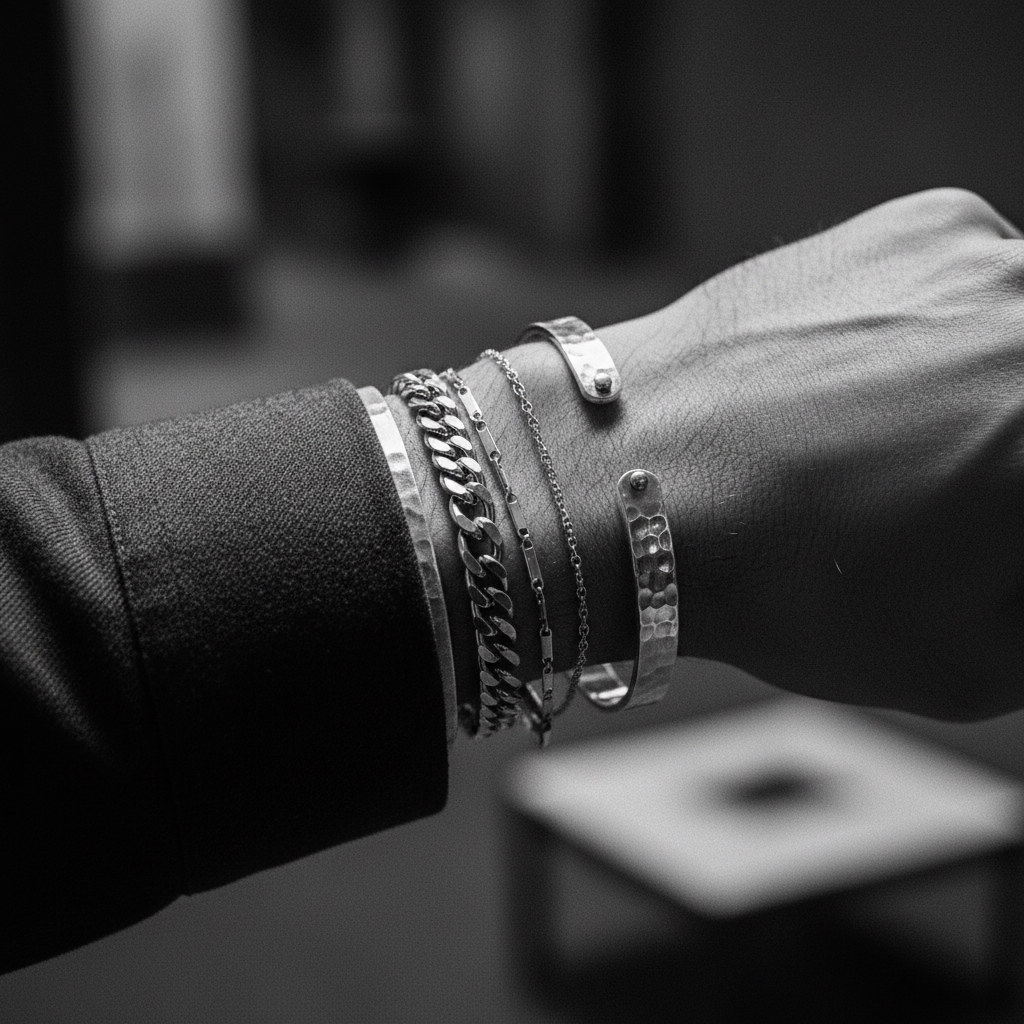 Close-up of a man's wrist wearing multiple silver bracelets. Mix of chain bracelets, Cuban link, and cuff styles. Masculine, well-groomed wrist. Dark, moody editorial lighting. Black and white photography. High-end menswear jewelry fashion photography style.