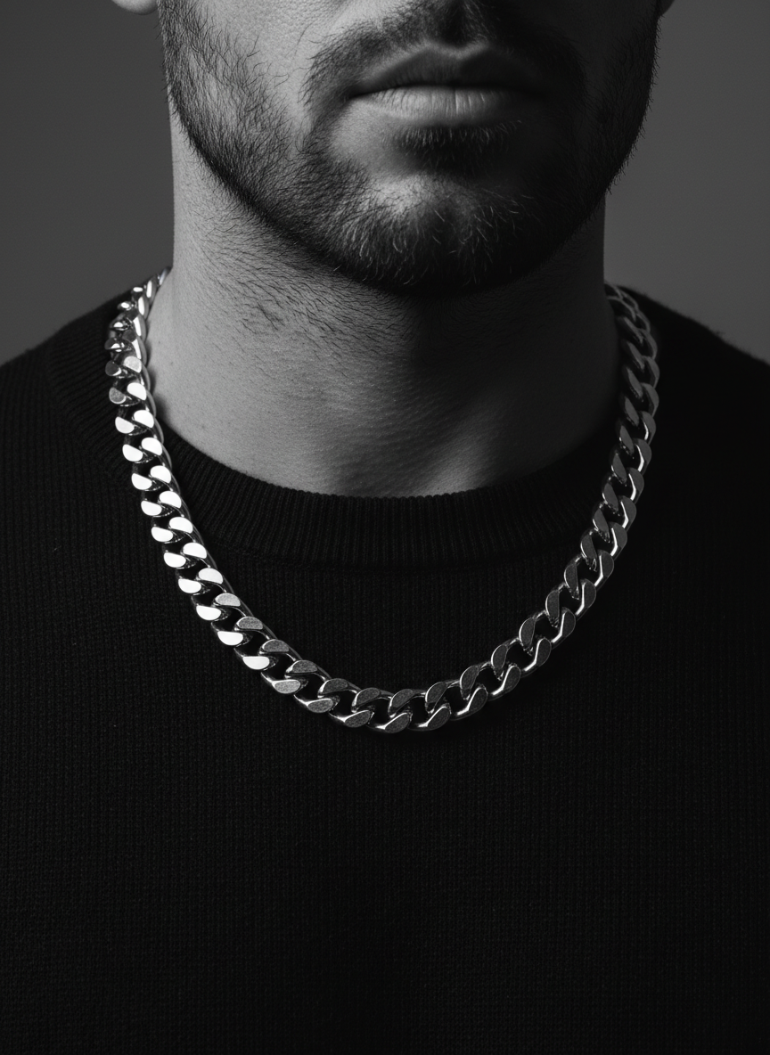 Close-up editorial photo of a silver male necklace worn around a man's neck. The necklace is a bold, stylish silver chain — Cuban link or figaro style. Shot from chest/neck level, masculine model, dark clothing. Moody, dark editorial lighting. Black and white or desaturated color palette. High-end menswear jewelry fashion photography style.